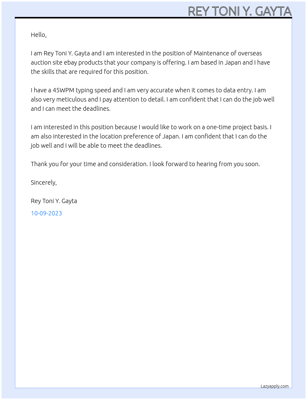 Data Entry At Maintenance of overseas auction site ebay products Cover Letter
