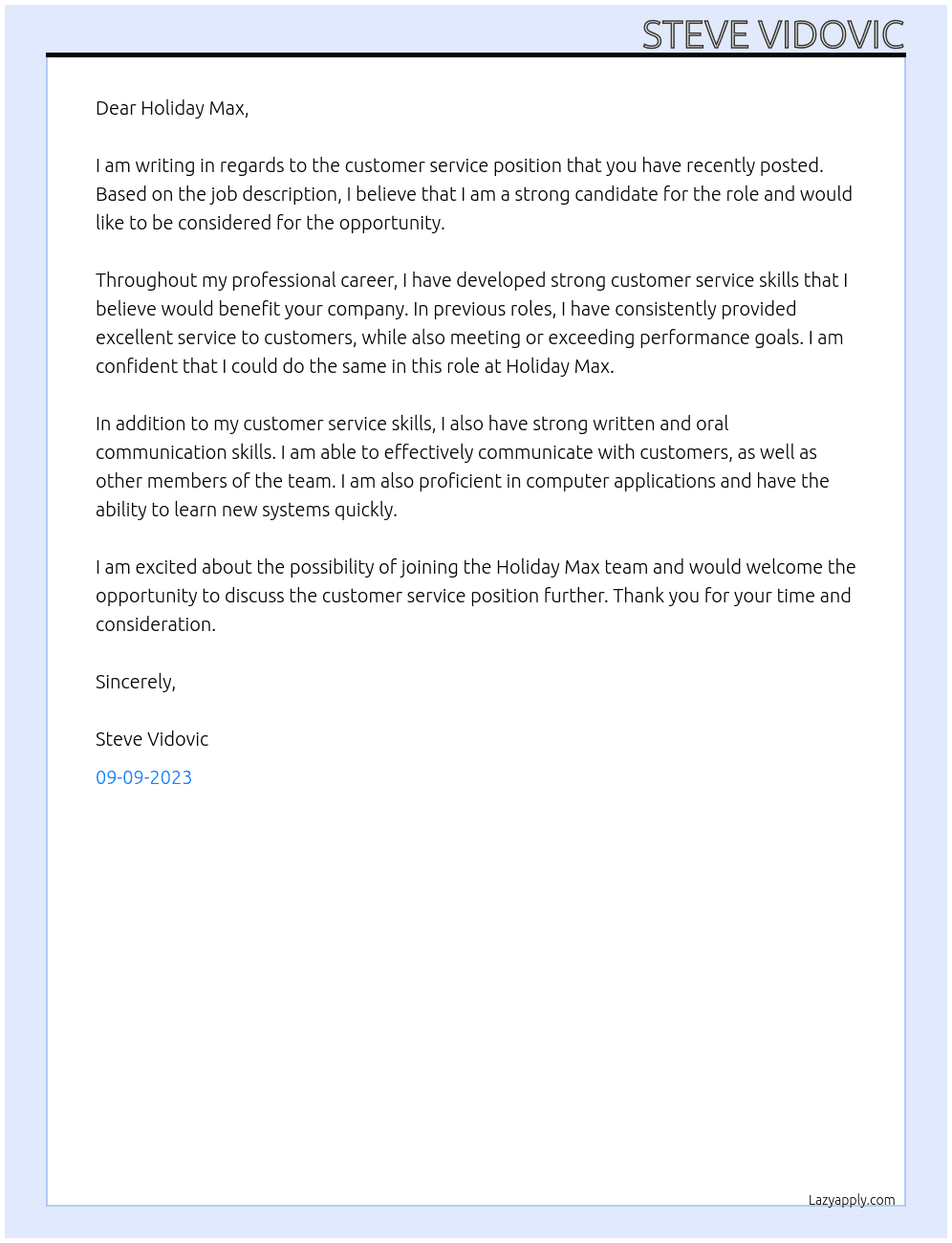customer service At Holiday Max Cover Letter