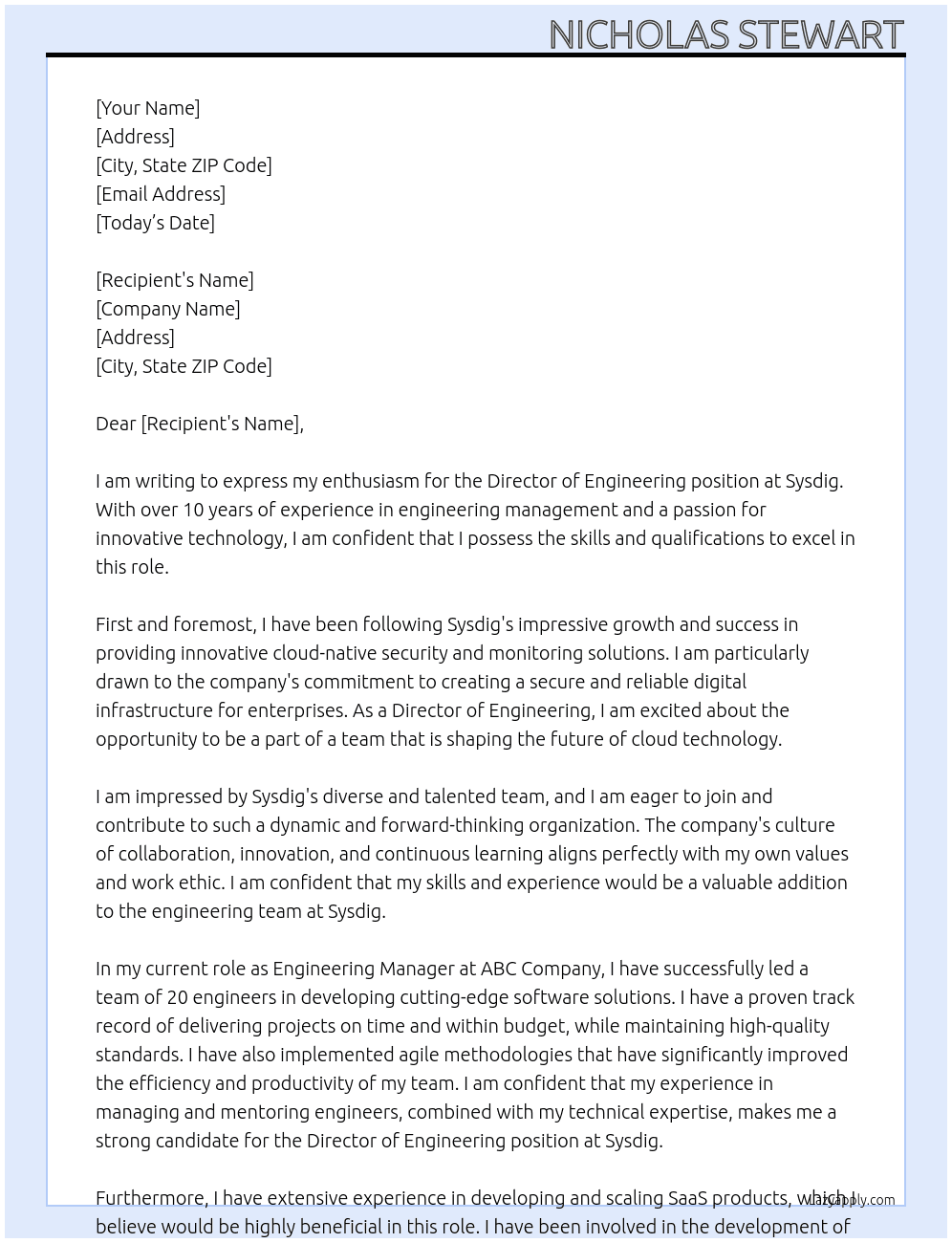 Director of Engineering At Sysdig Cover Letter