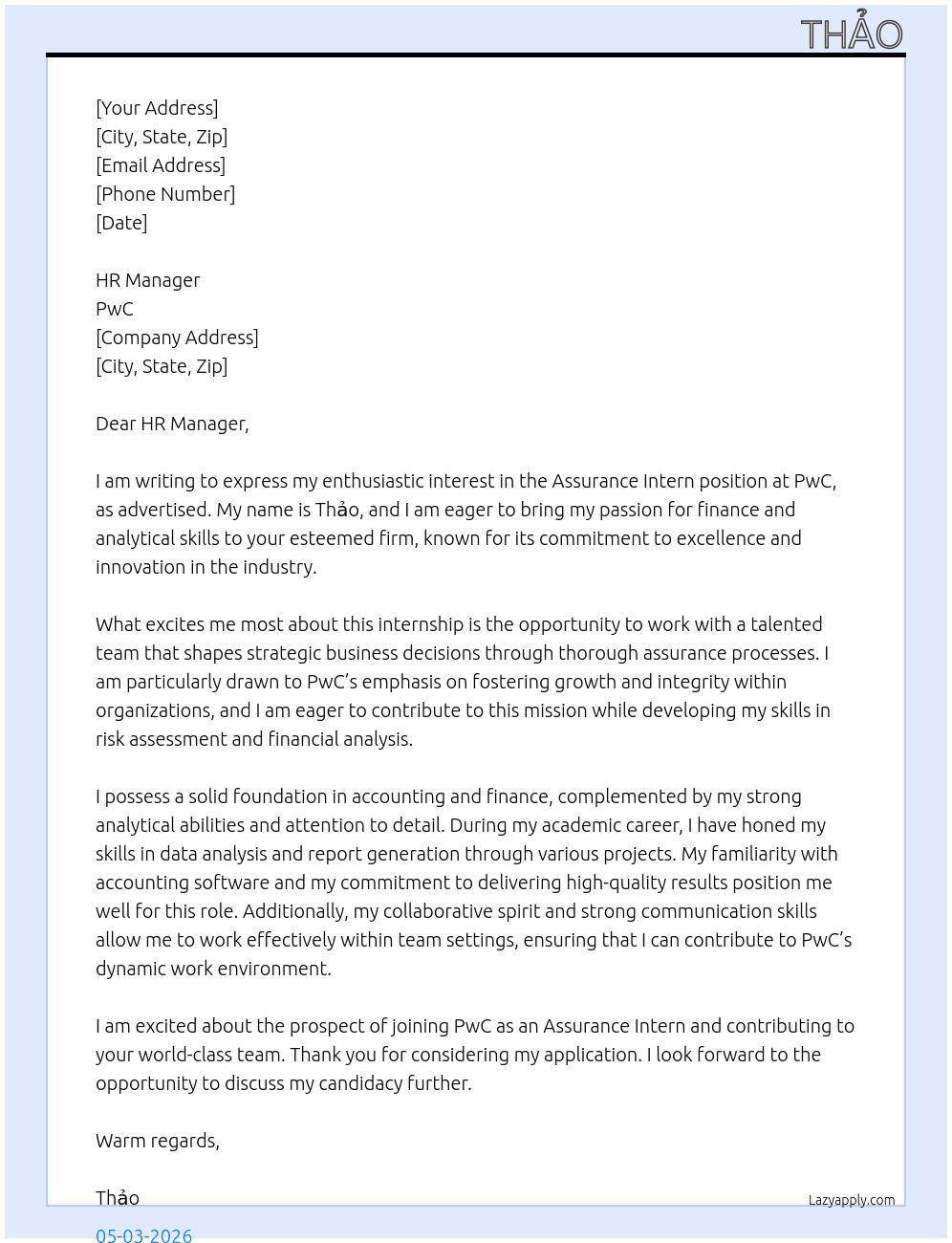 Assurance intern At PwC Cover Letter