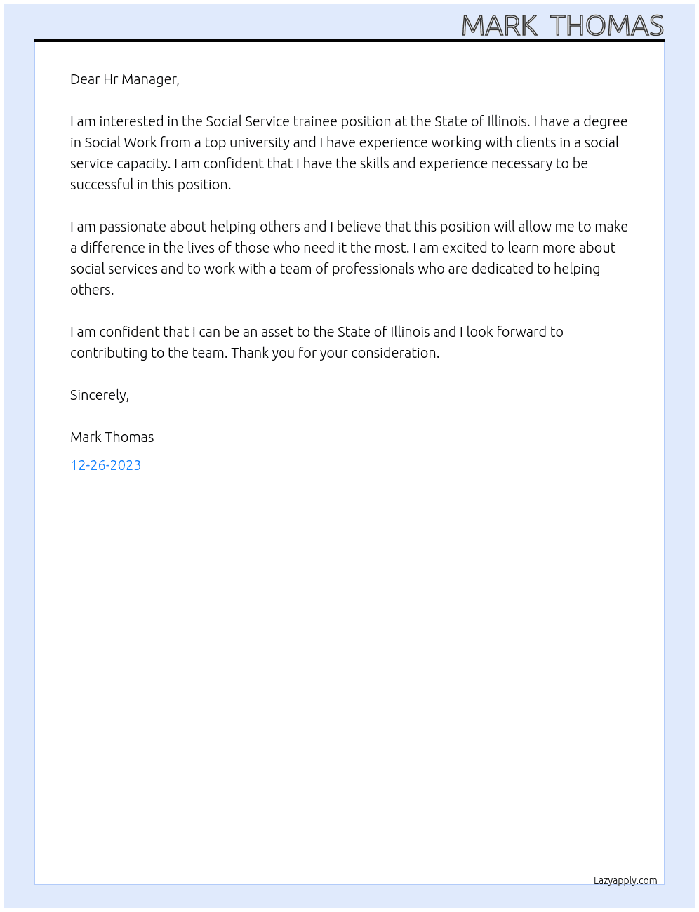 Social Service trainee At State of Illinois Cover Letter