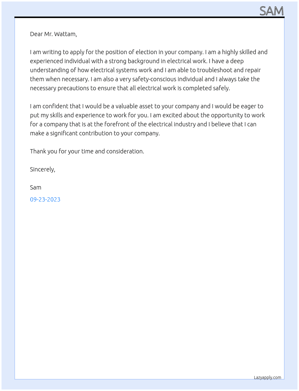 election  At anything electric Cover Letter