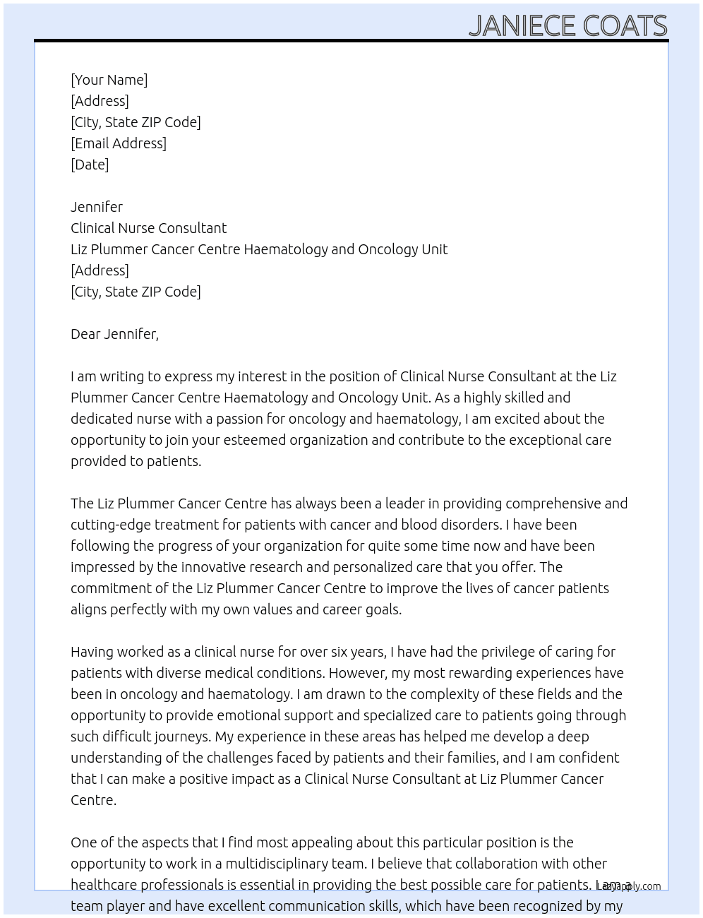 Clinical Nurse Consultant At Liz Plummer Cancer Centre Haematology and Oncology Unit Cover Letter