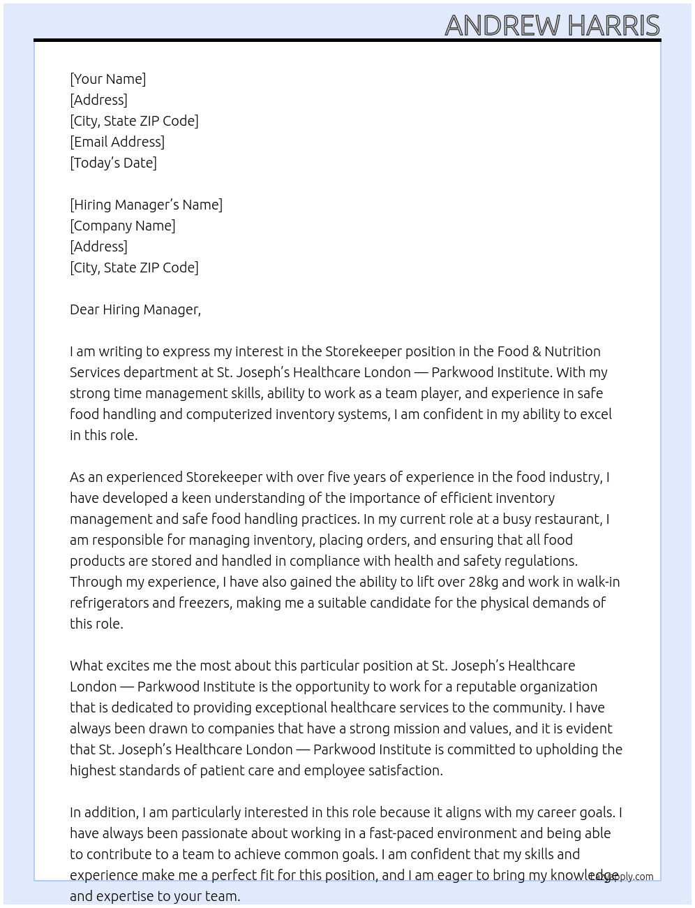 Cover letter for storekeeper, food & nutrition services - LazyApply