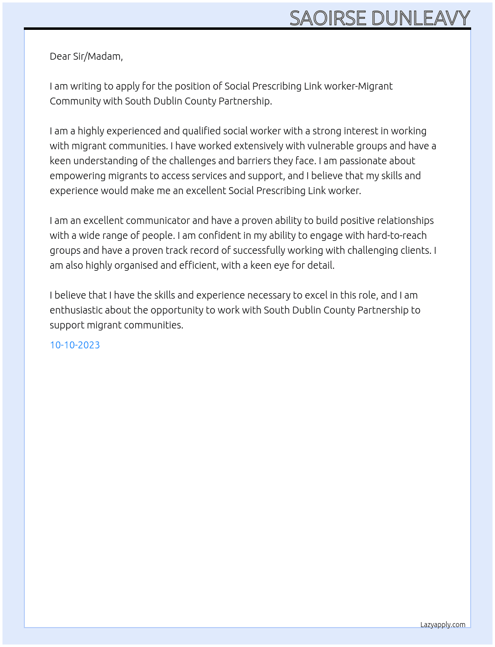Social Prescribing Link worker-Migrant Community  At South Dublin County Partnership Cover Letter