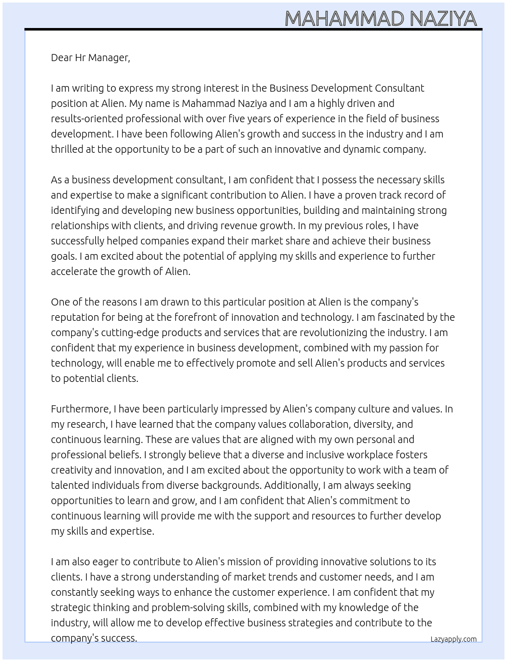 Business development consultant At Alien Cover Letter
