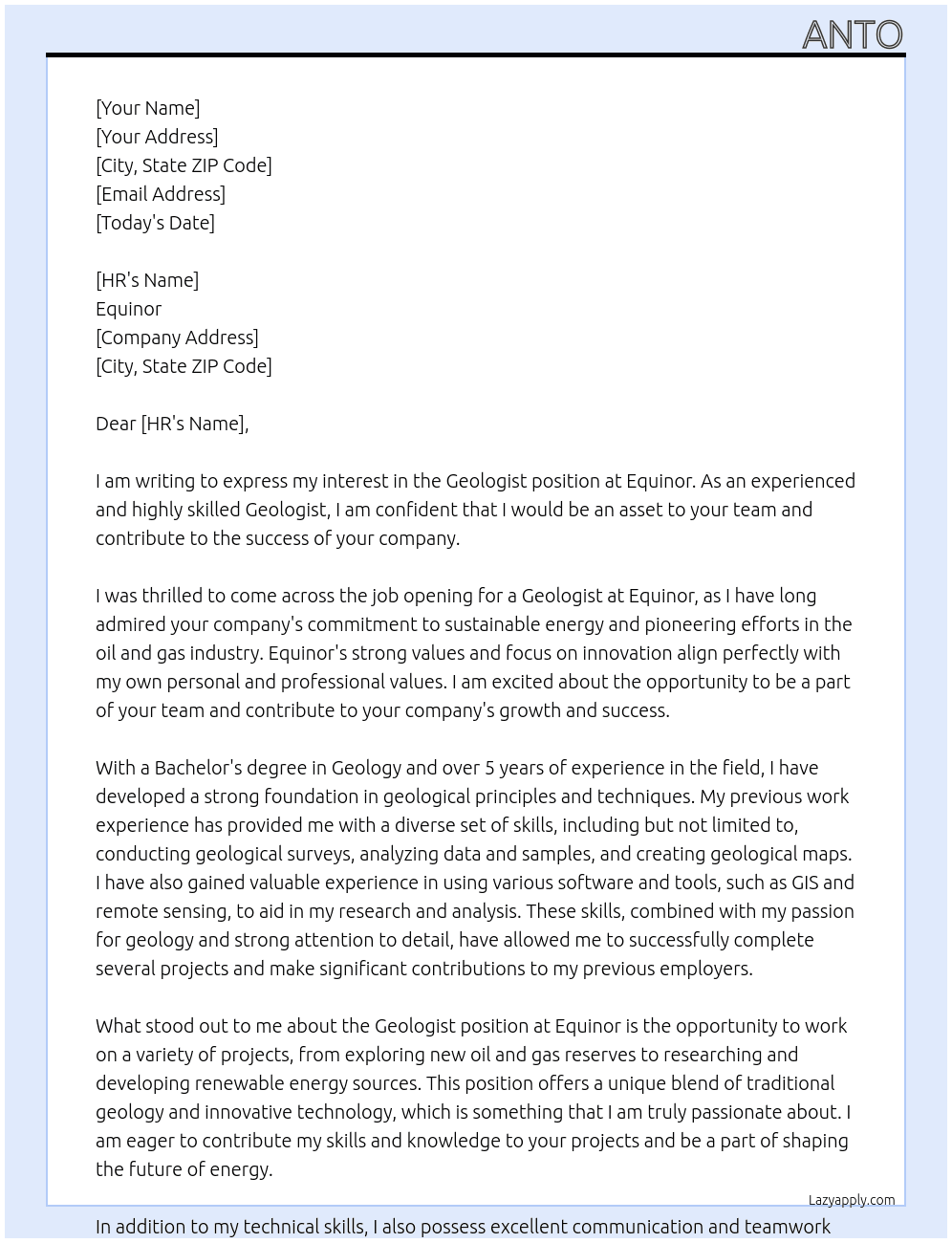 Geologist  At Equinor Cover Letter