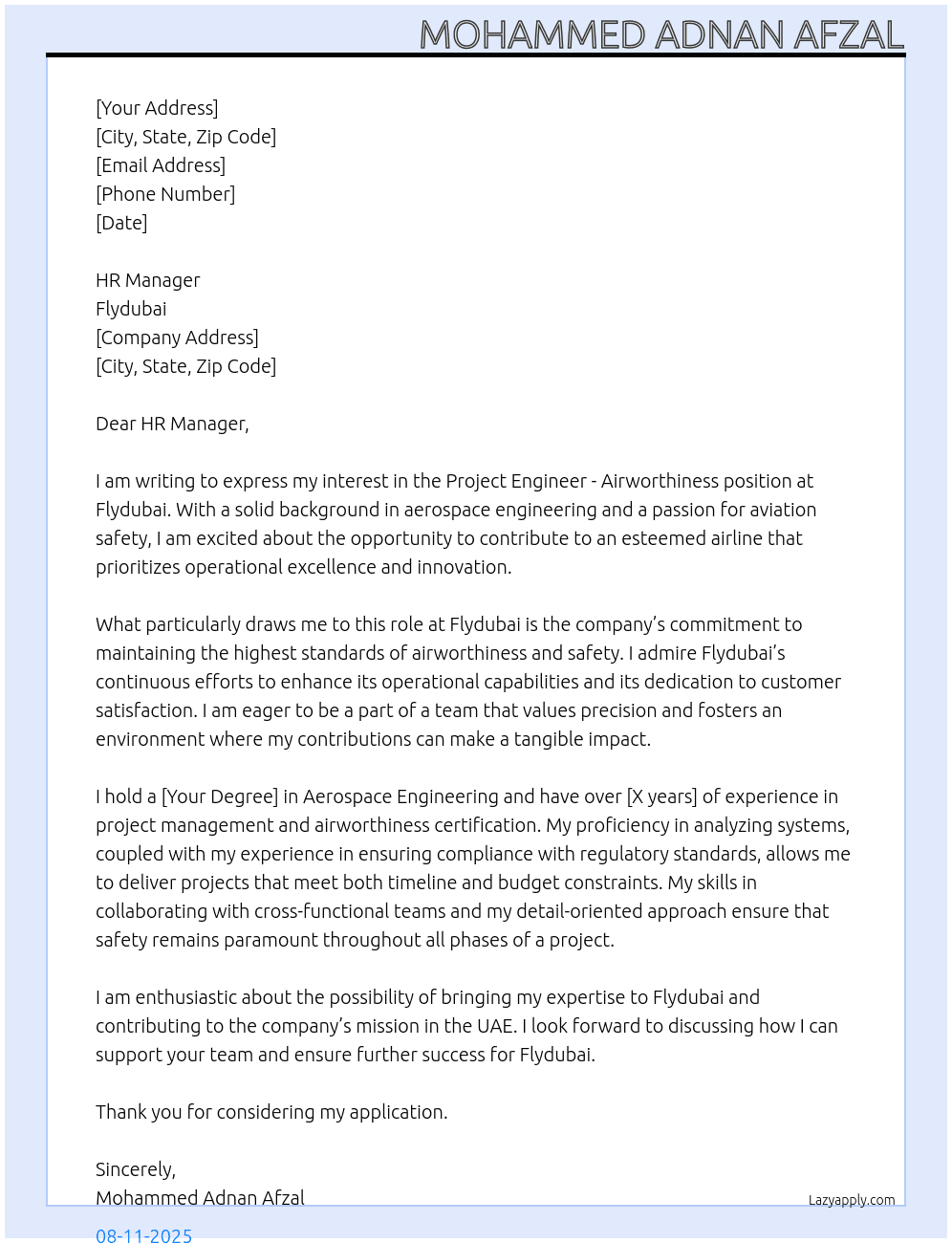 Cover letter for project engineer - airworthiness - LazyApply