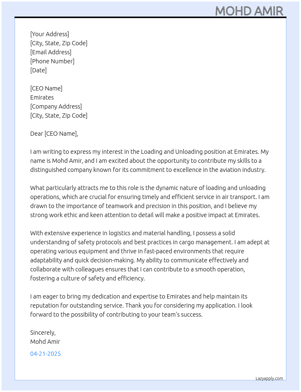 Loading unloading  At Emirates  Cover Letter