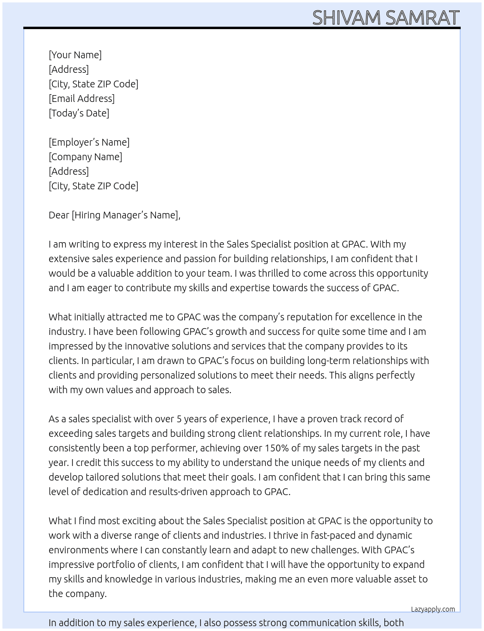 Sales Specialist At Gpac Cover Letter