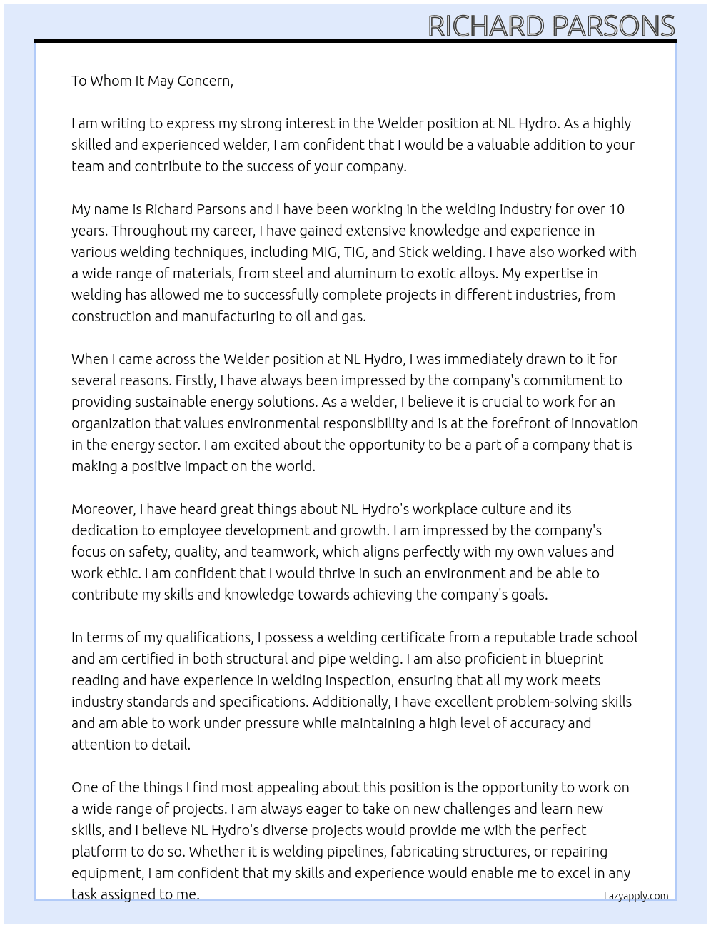 welder At NL Hydro Cover Letter