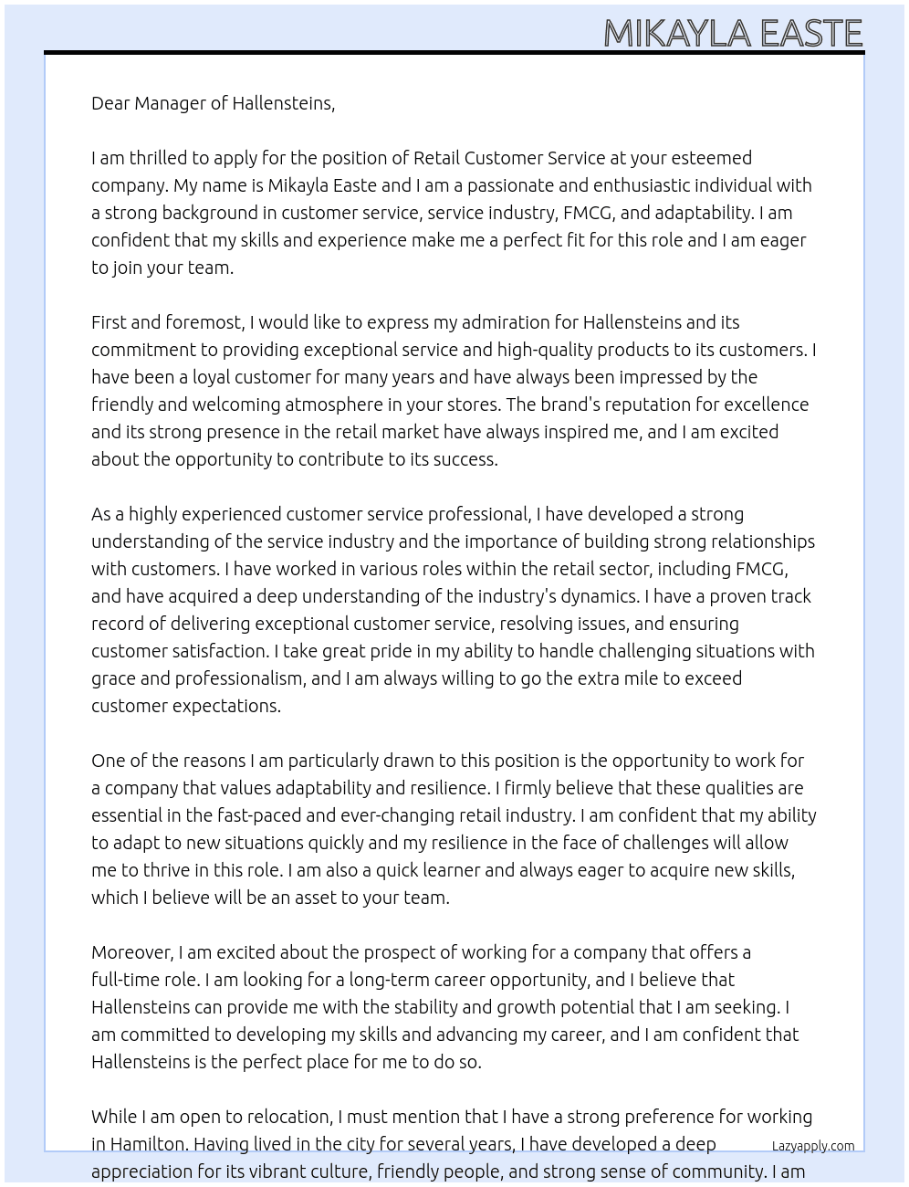Retail customer service At Hallensteins Cover Letter