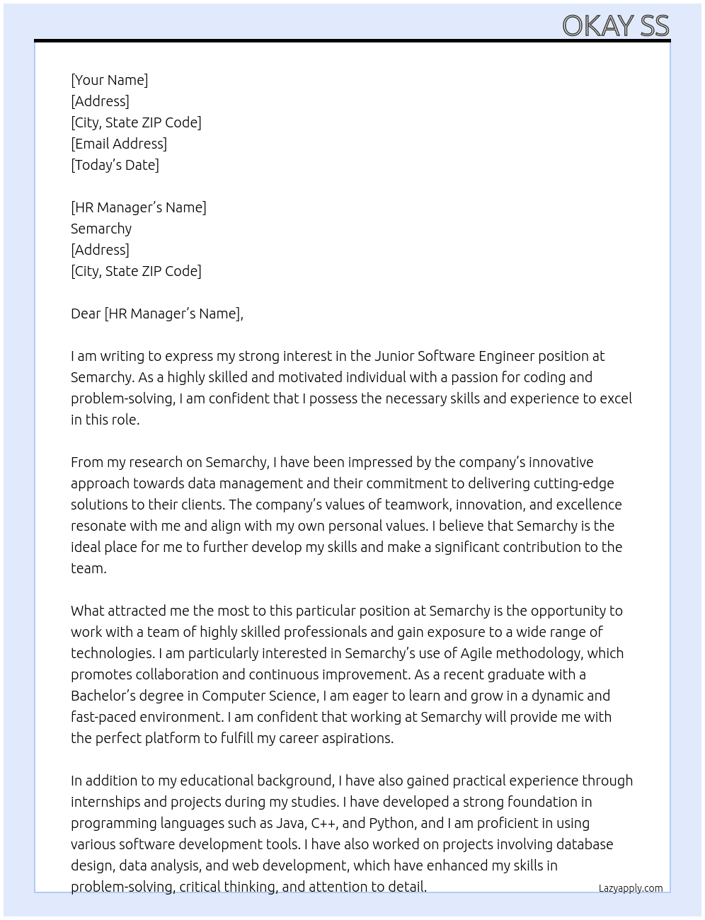 junior software engineer At Semarchy Cover Letter