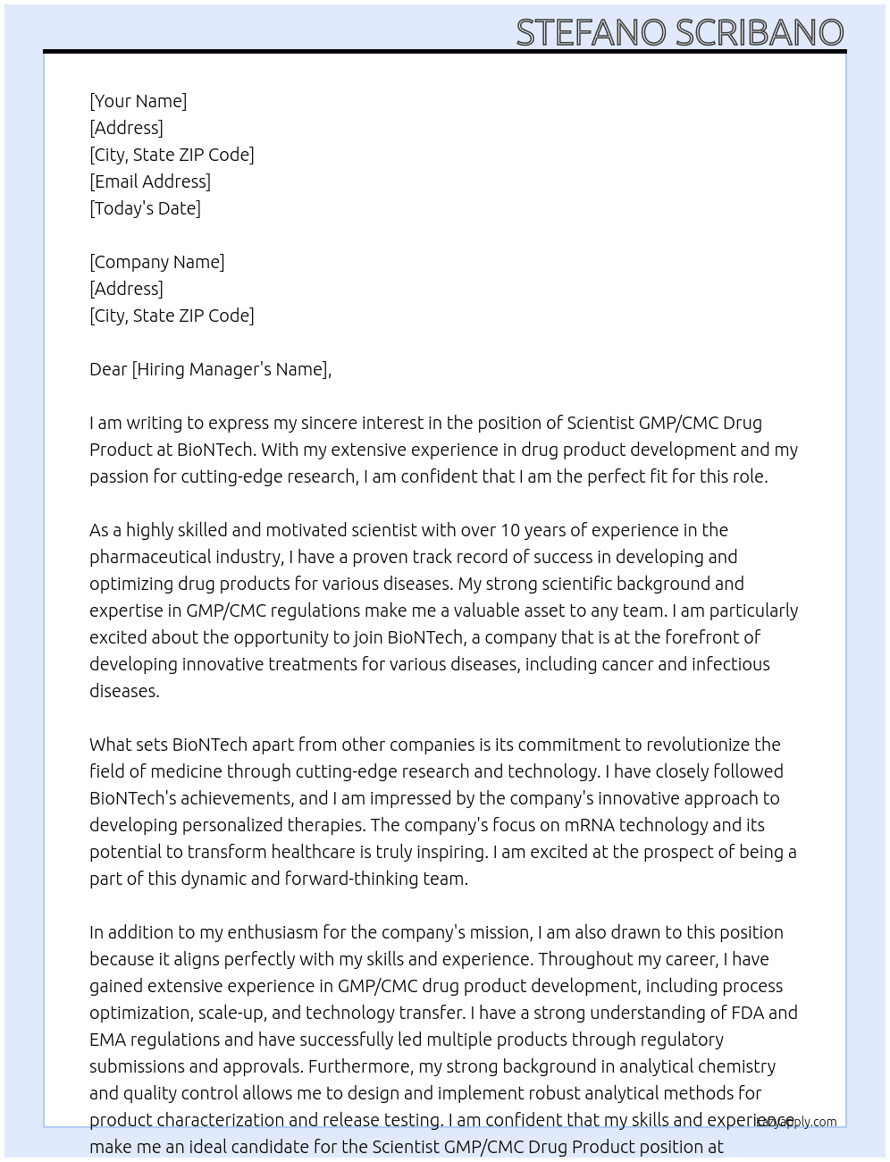 Scientist GMP/CMC Drug Product At BioNTech Cover Letter