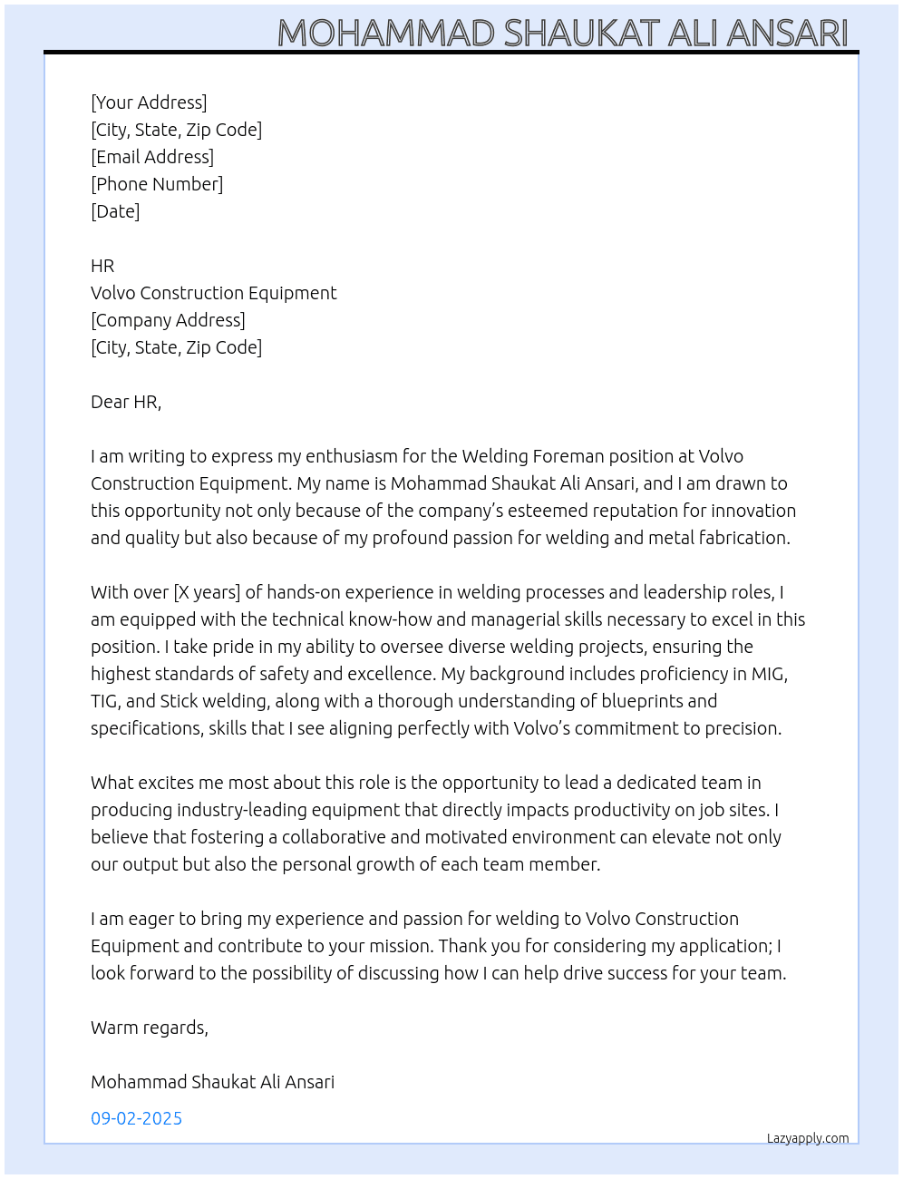 Welding Foreman At Volvo Construction Equipment  Cover Letter