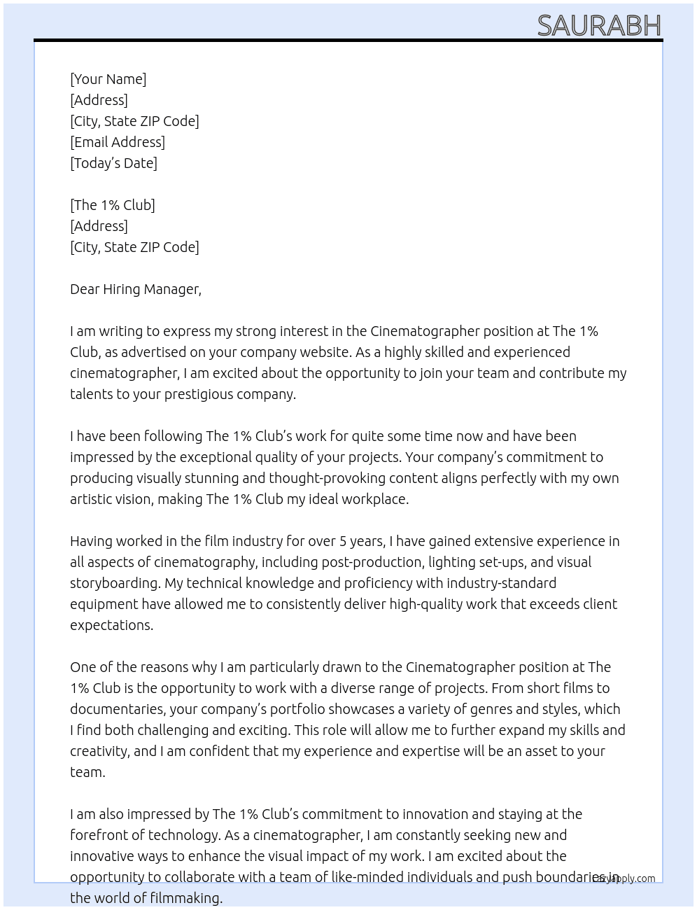 cinematographer At The 1% Club Cover Letter