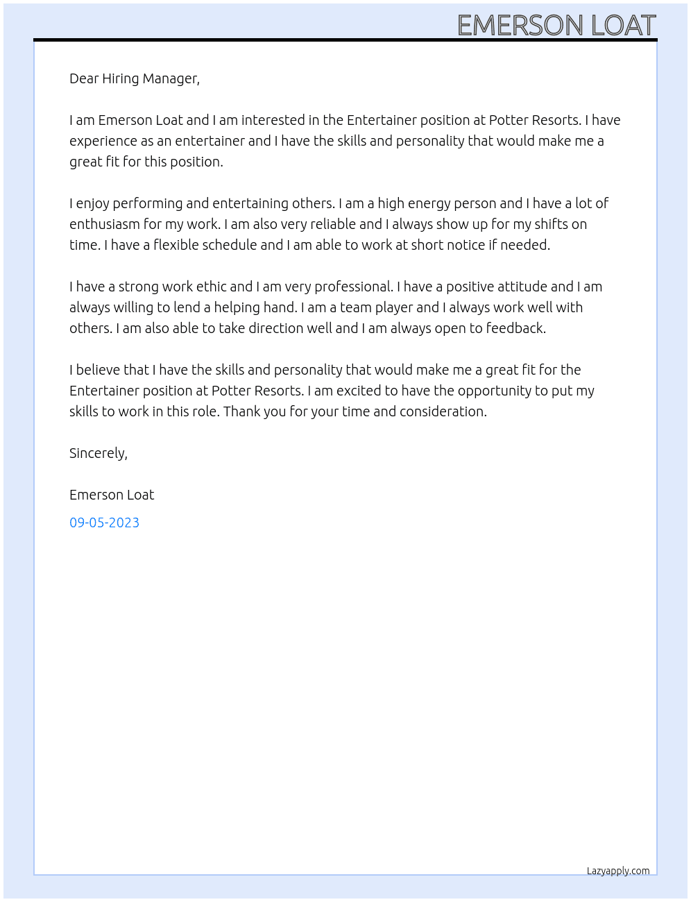 Entertainer At Potter Resorts Cover Letter