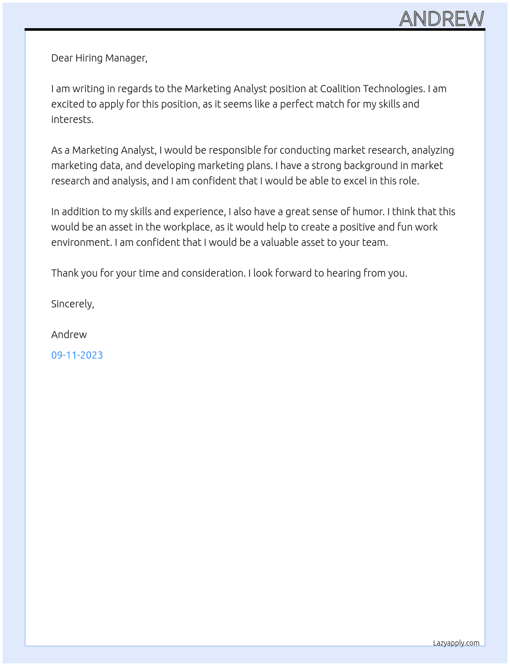 Marketing Analyst At Coalition Technologies Cover Letter