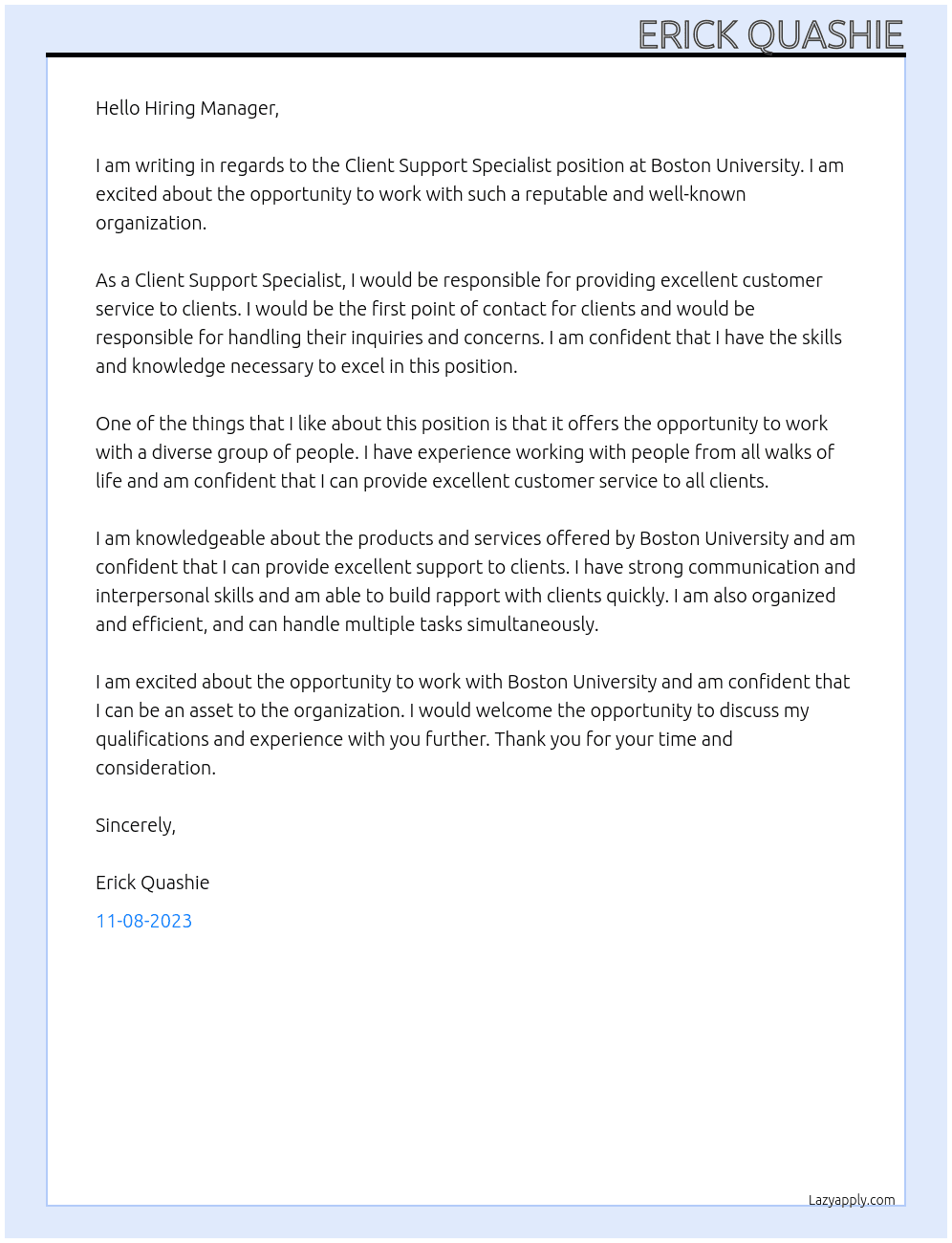 T CLIENT SUPPORT SPECIALIST At Boston University Cover Letter