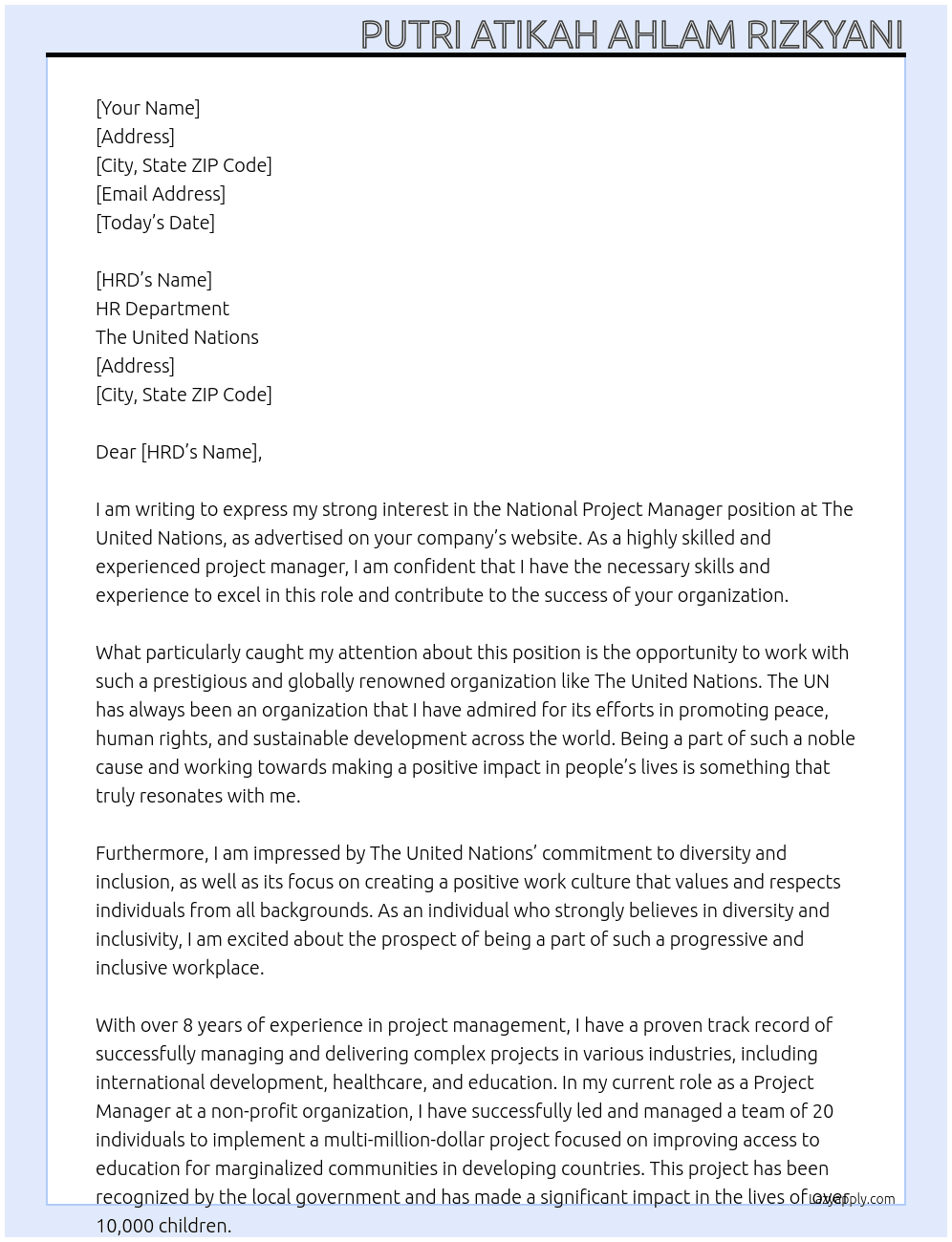 National Project Manager At The United Nation Cover Letter