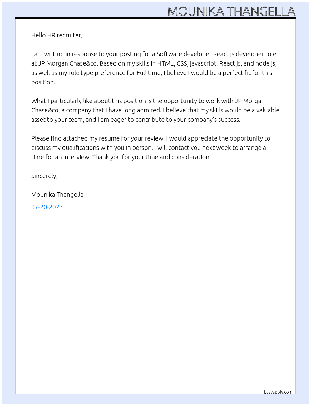  Software developerReact js developer  At JP Morgan Chase&co. Cover Letter