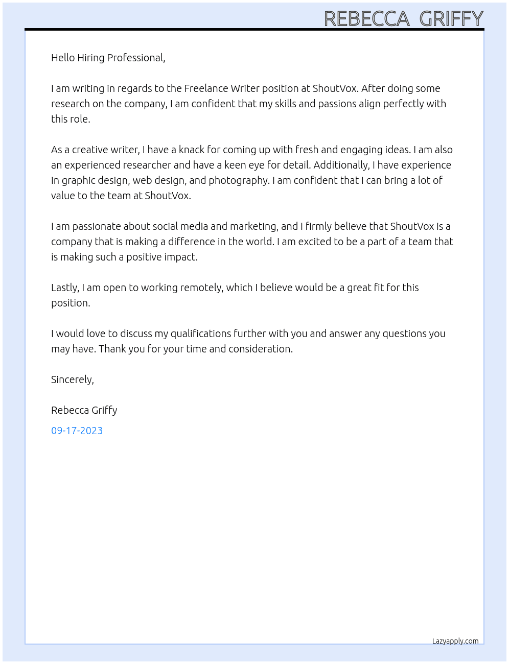 Freelance Writer  At ShoutVox Cover Letter