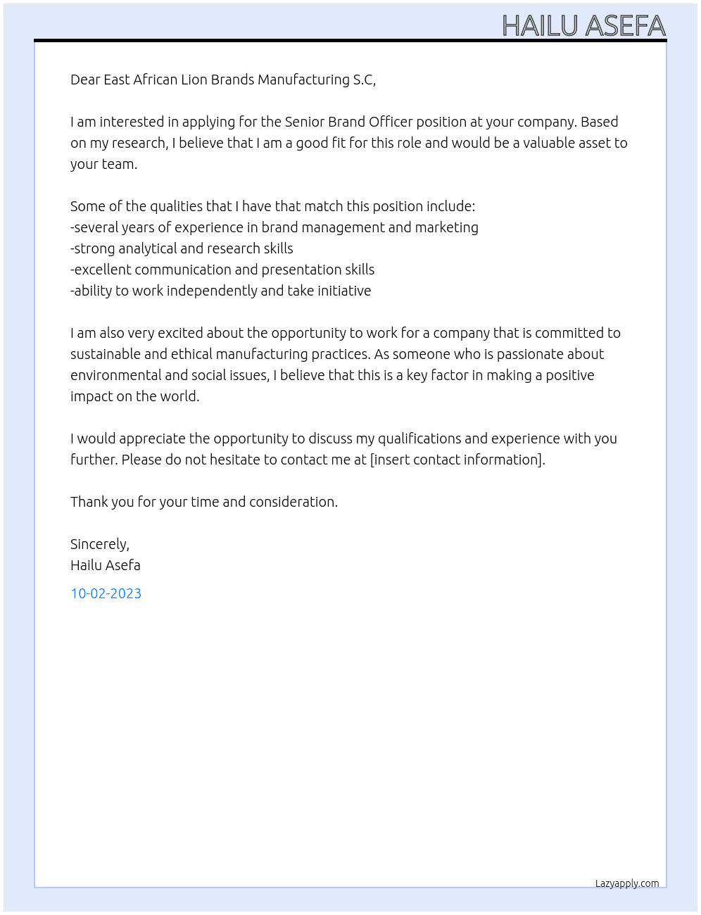 Senior Brand Officer At East African Lion Brands Manufacturing S.C Cover Letter