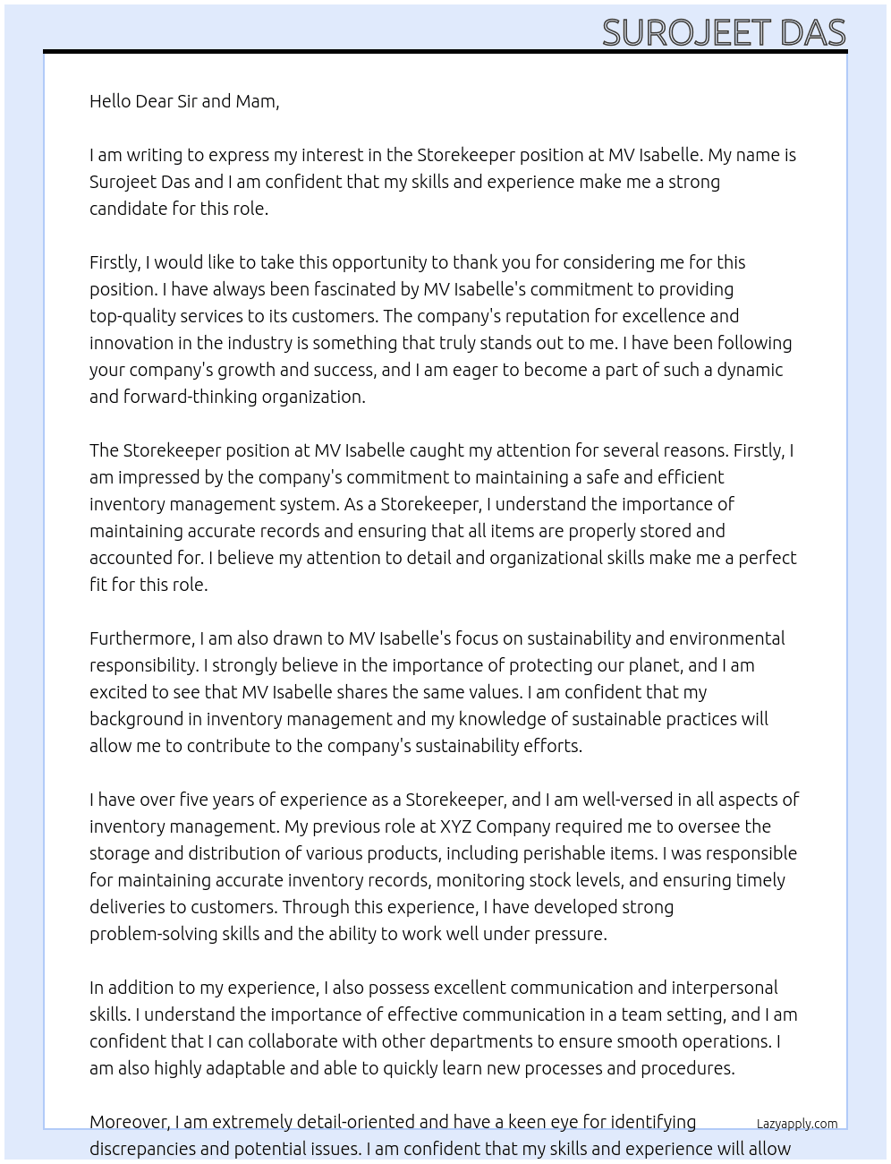Storekeeper At MV Isabelle Cover Letter