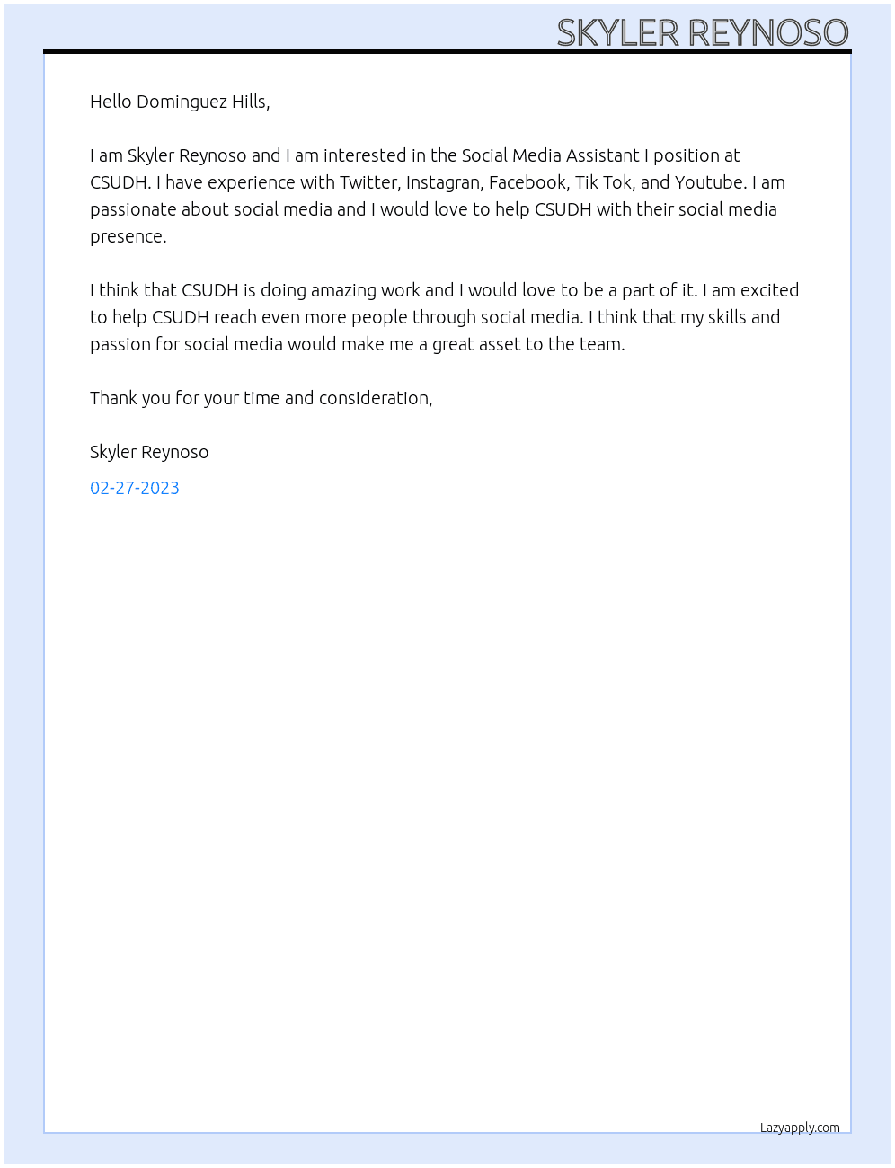 Social Media Assistant I At CSUDH Cover Letter