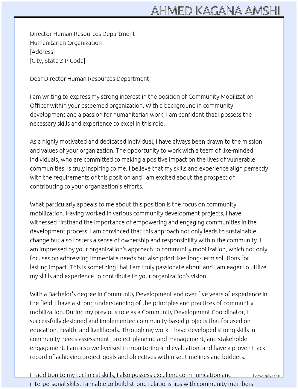 Community mobilization officer  At Humanitarian organization  Cover Letter