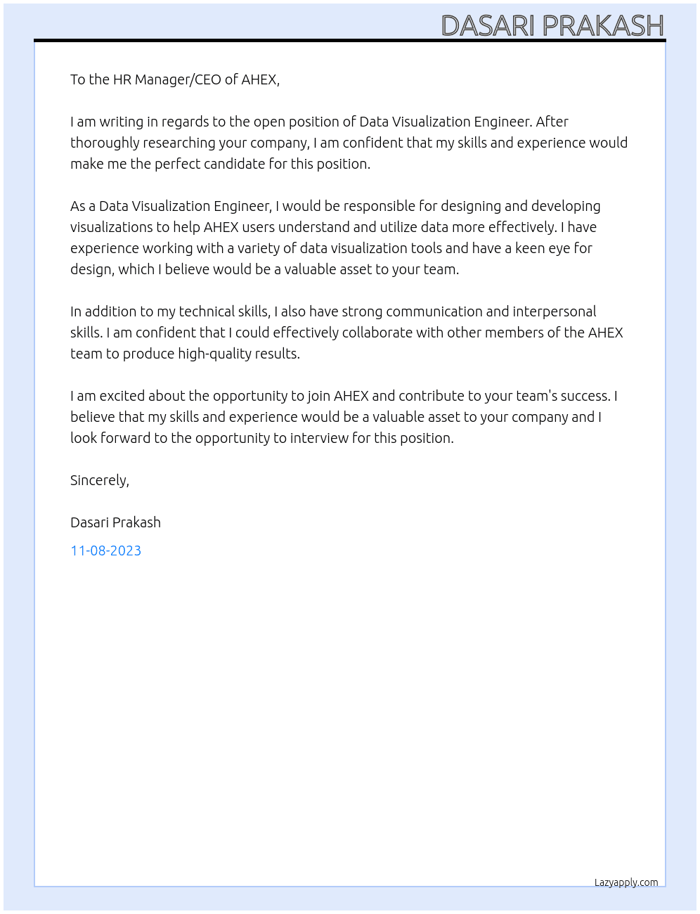 DATA VISUALIZATION ENGINEER At AHEX Cover Letter