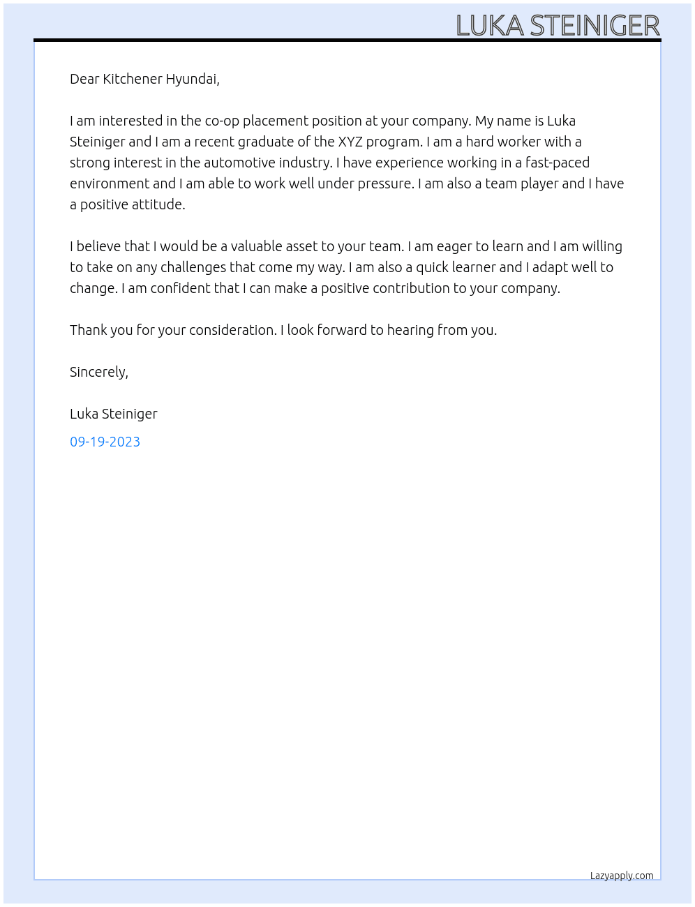 co-op placement At Kitchener Hyundai Cover Letter