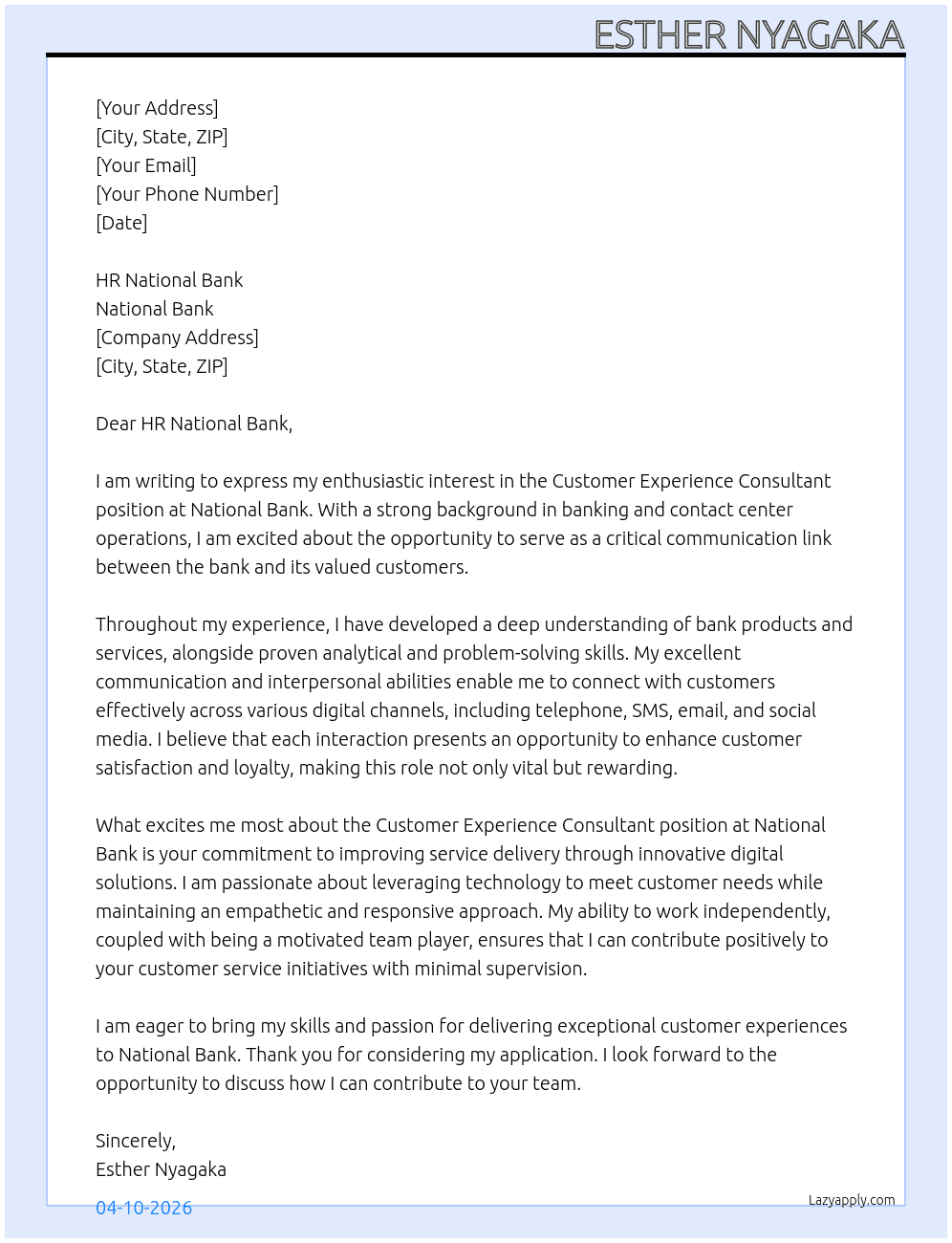 Customer Experience Consultant At NATIONAL BANK Cover Letter