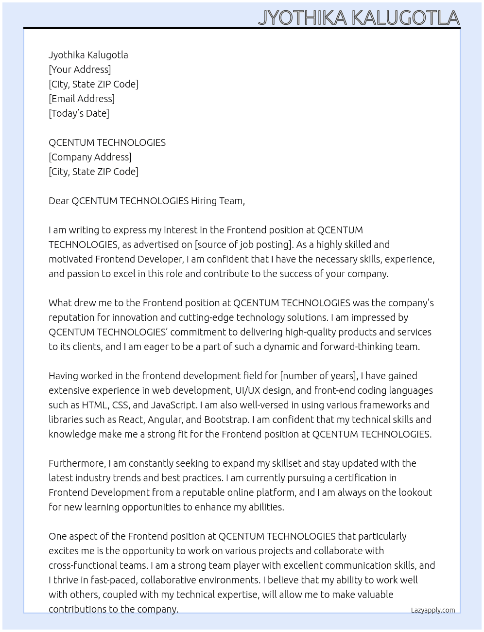 FRONTEND At QCENTUM TECHNOLOGIES Cover Letter