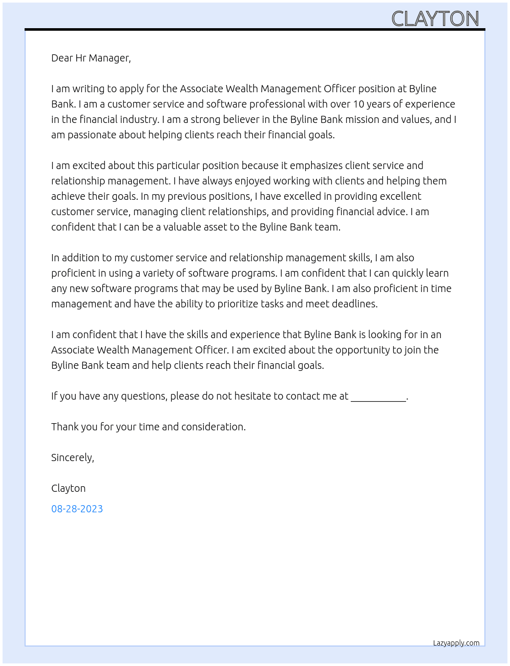 Associate Wealth Management Officer At Byline Bank Cover Letter
