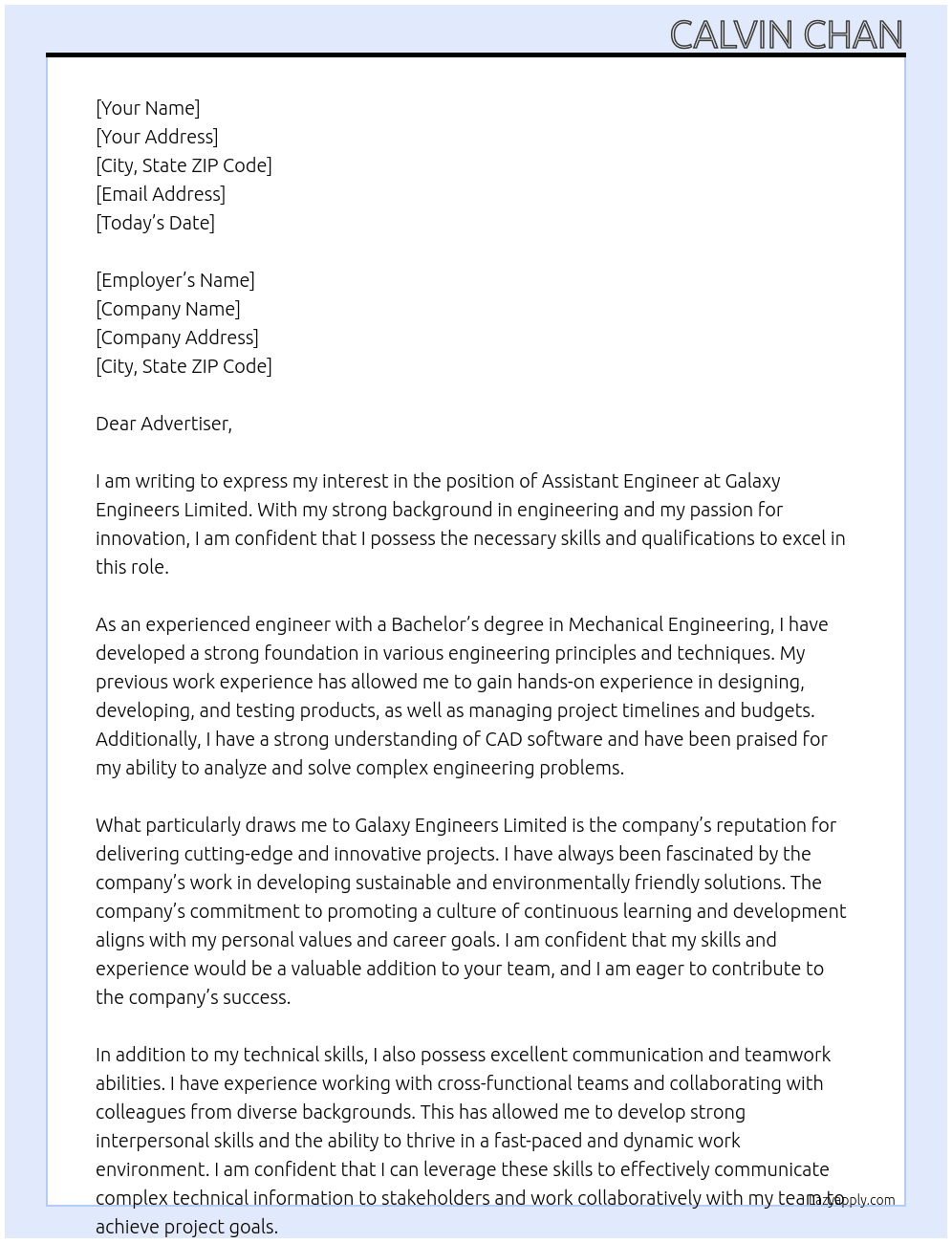 Assistant Engineer At Galaxy Engineers Limited Cover Letter