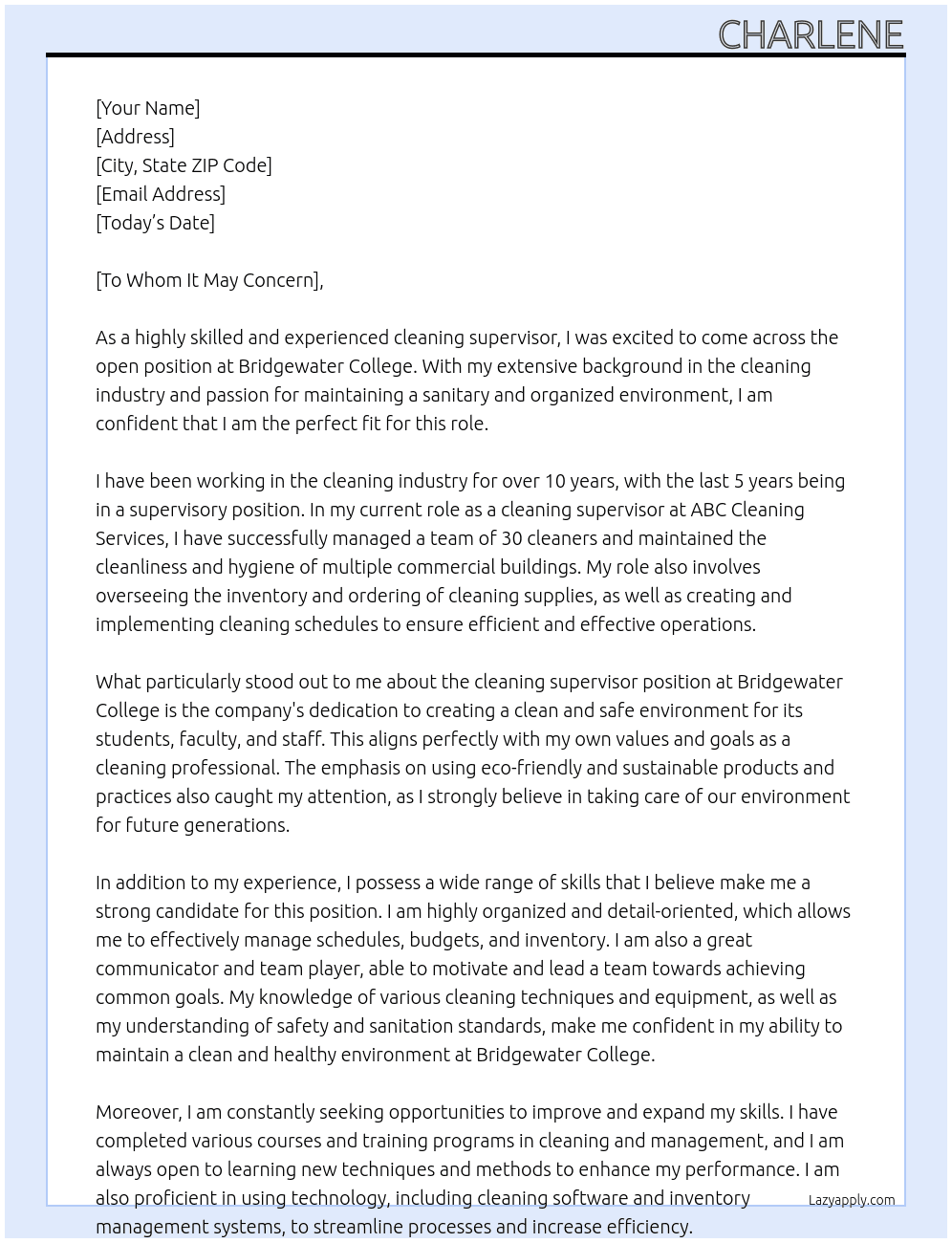 Cleaning supervisor  At Bridgewater college  Cover Letter