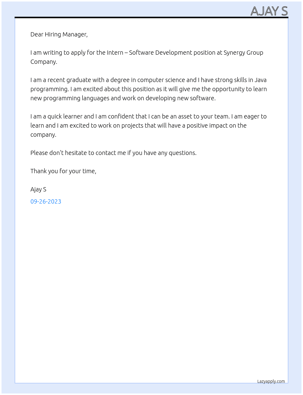 Intern – Software Development [Fresher] At Synergy Group Company Cover Letter