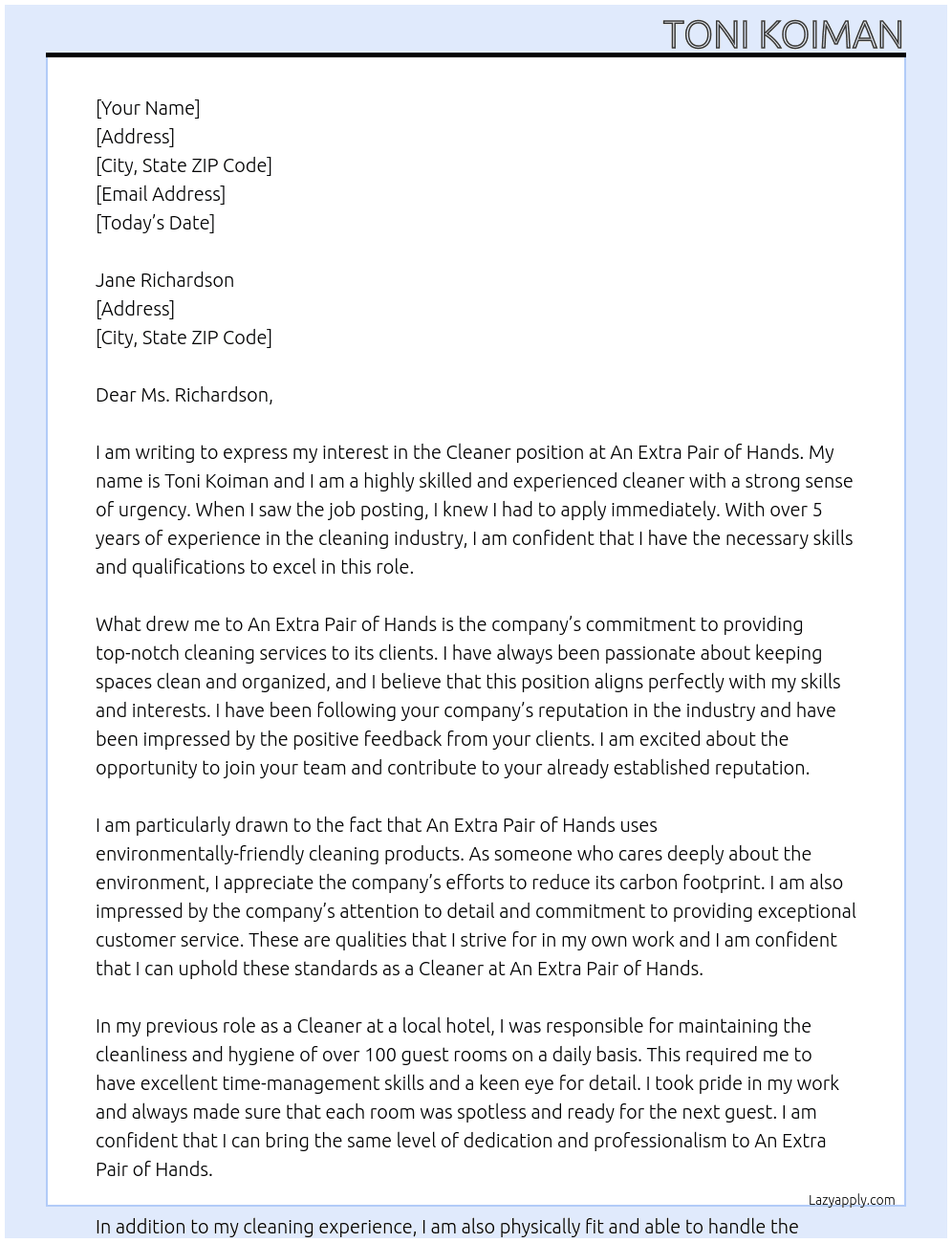 Cleaner At An Extra Pair of Hands Cover Letter