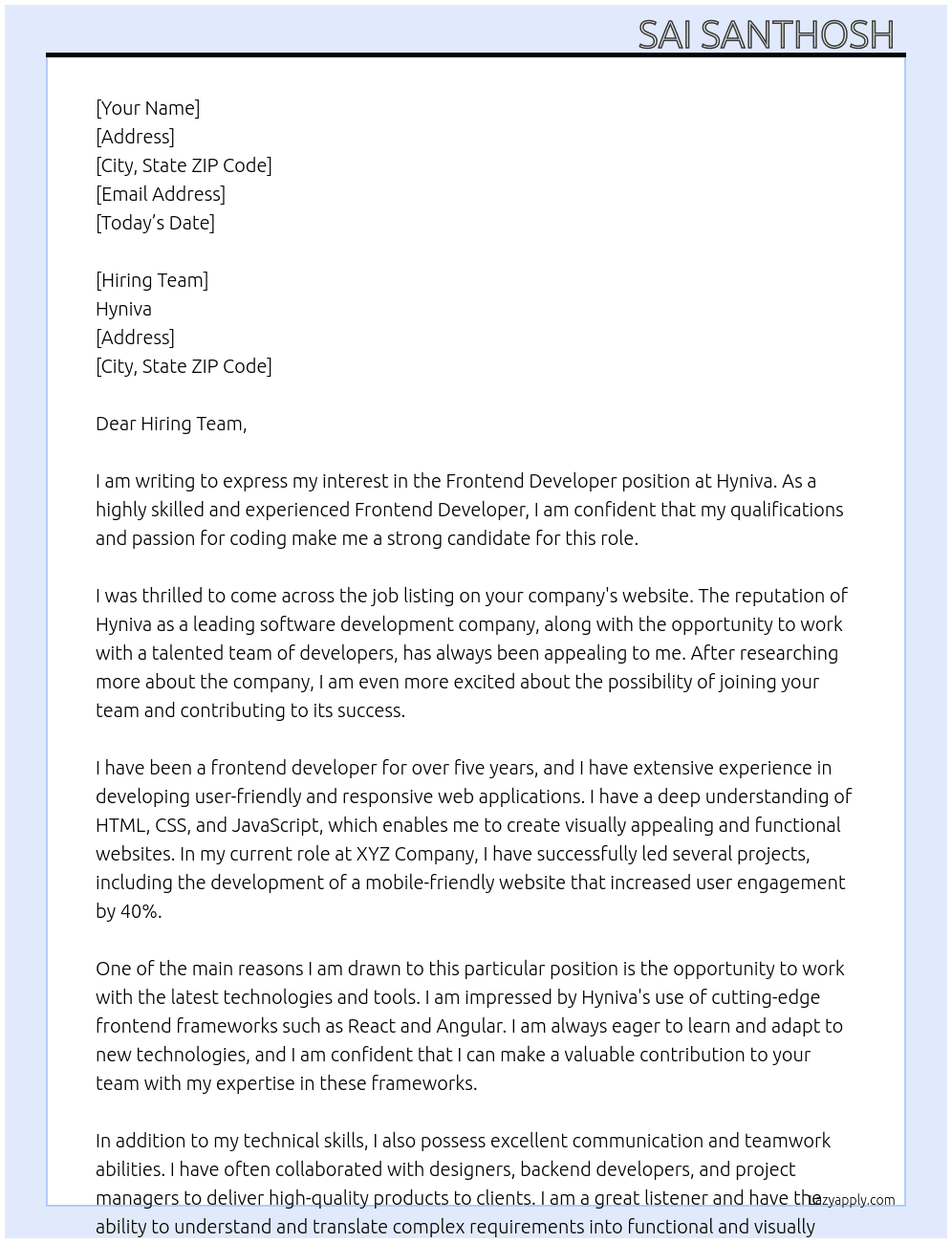 Frontend Developer  At Hyniva Cover Letter