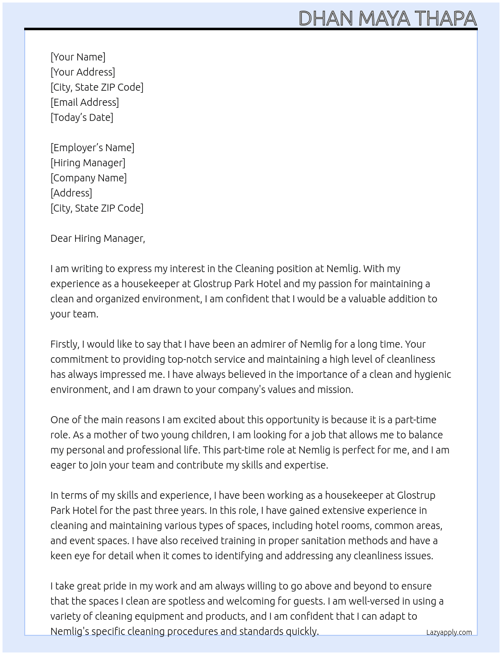Cleaning  At Nemlig Cover Letter