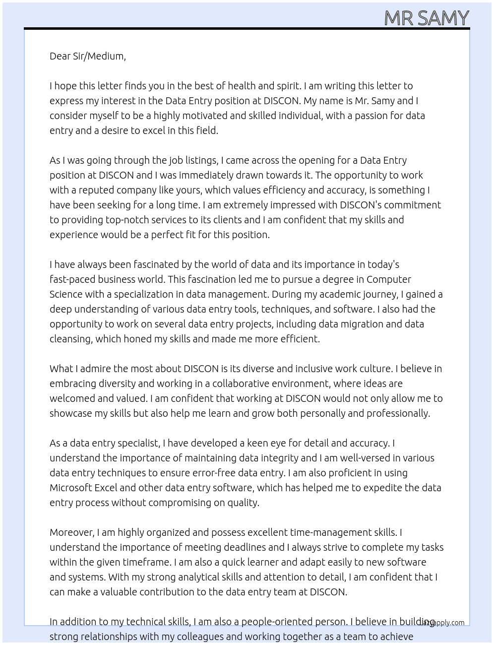 Data Entry  At DISCON Cover Letter