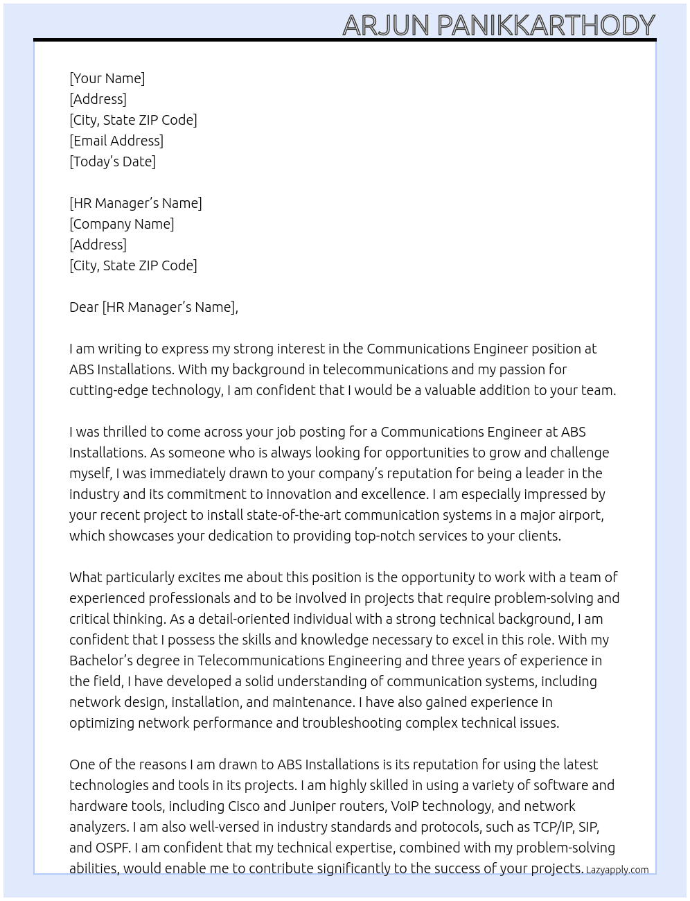 Communications Engineer At ABS Installations Cover Letter