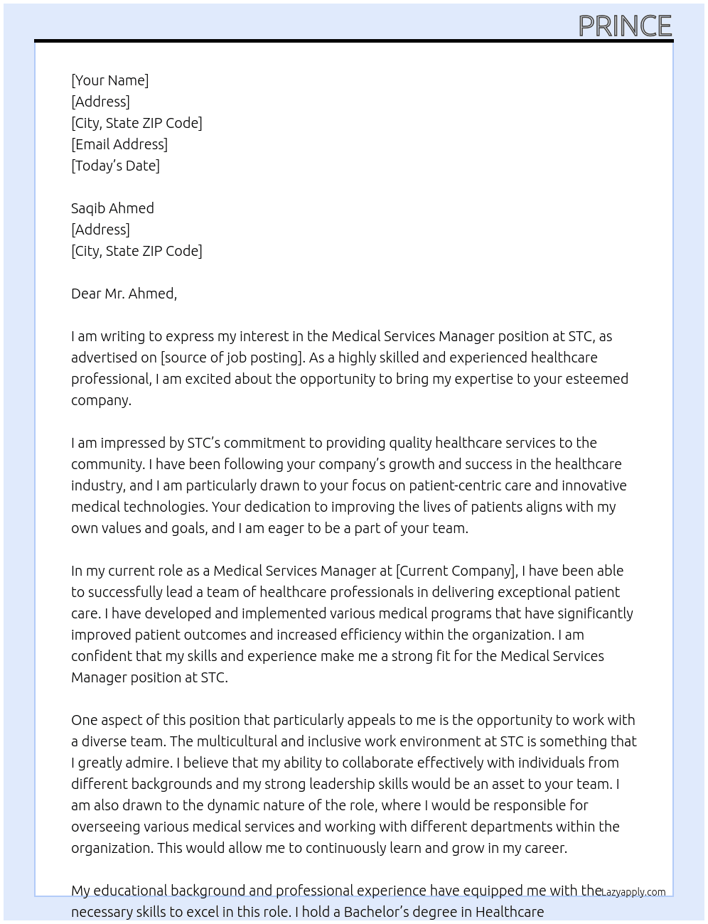 Medical Services Manager At STC Cover Letter