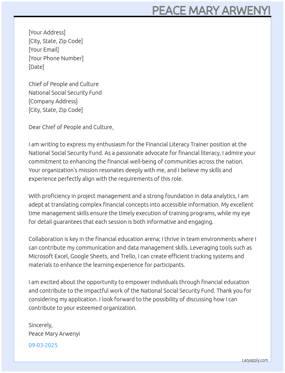 Cover letter for financial literacy trianer - LazyApply