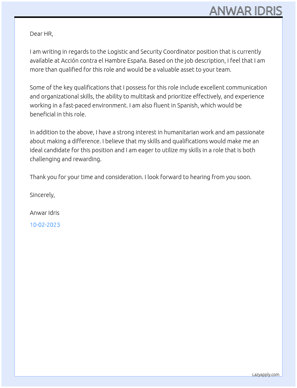 Logistic and Security Coordinator At Acción contra el Hambre España Cover Letter