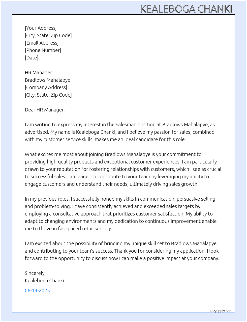 Salesman  At Bradlows Mahalapye  Cover Letter