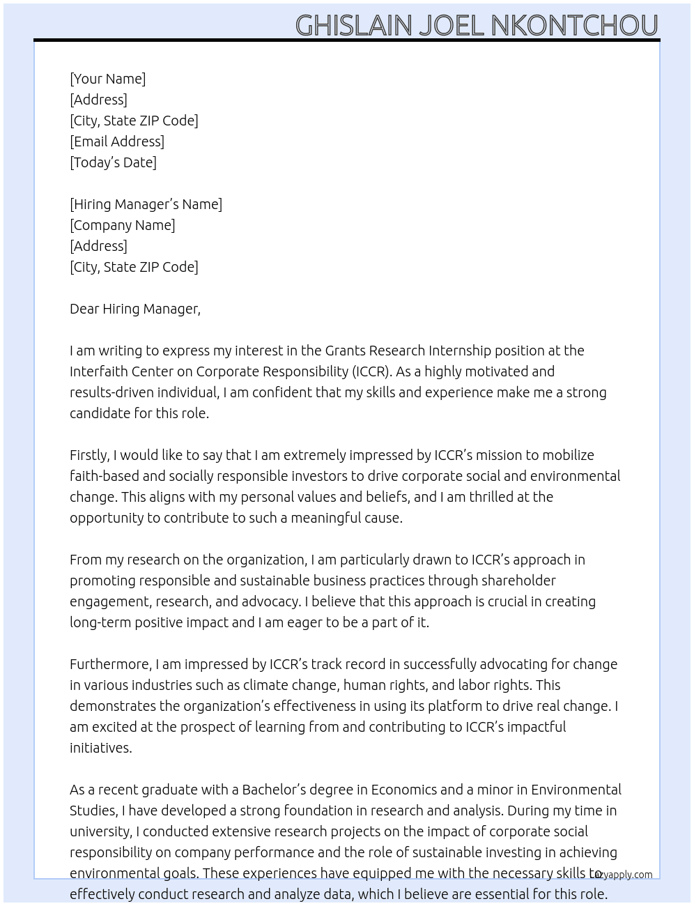 Cover letter for grants research internship - LazyApply
