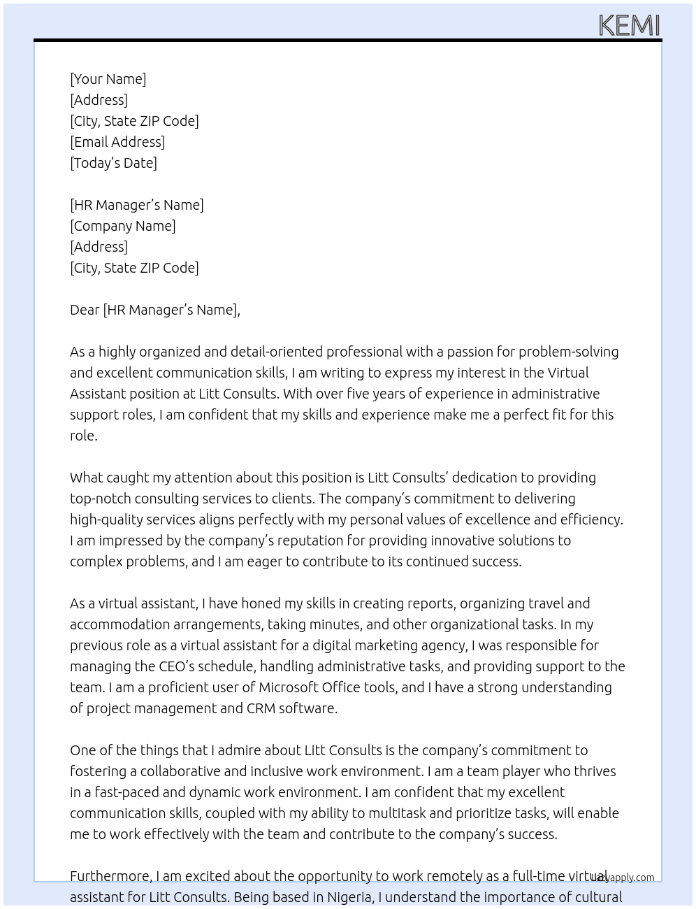 virtual assistant At Litt Consults Cover Letter