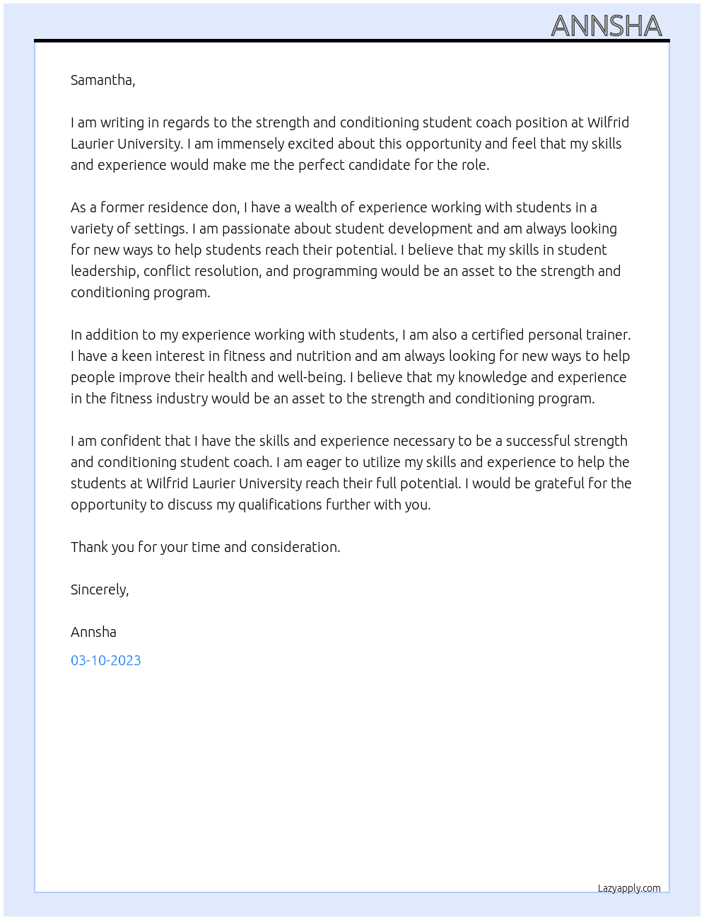 Strength and conditioning student coach At Wilfrid Laurier University Cover Letter